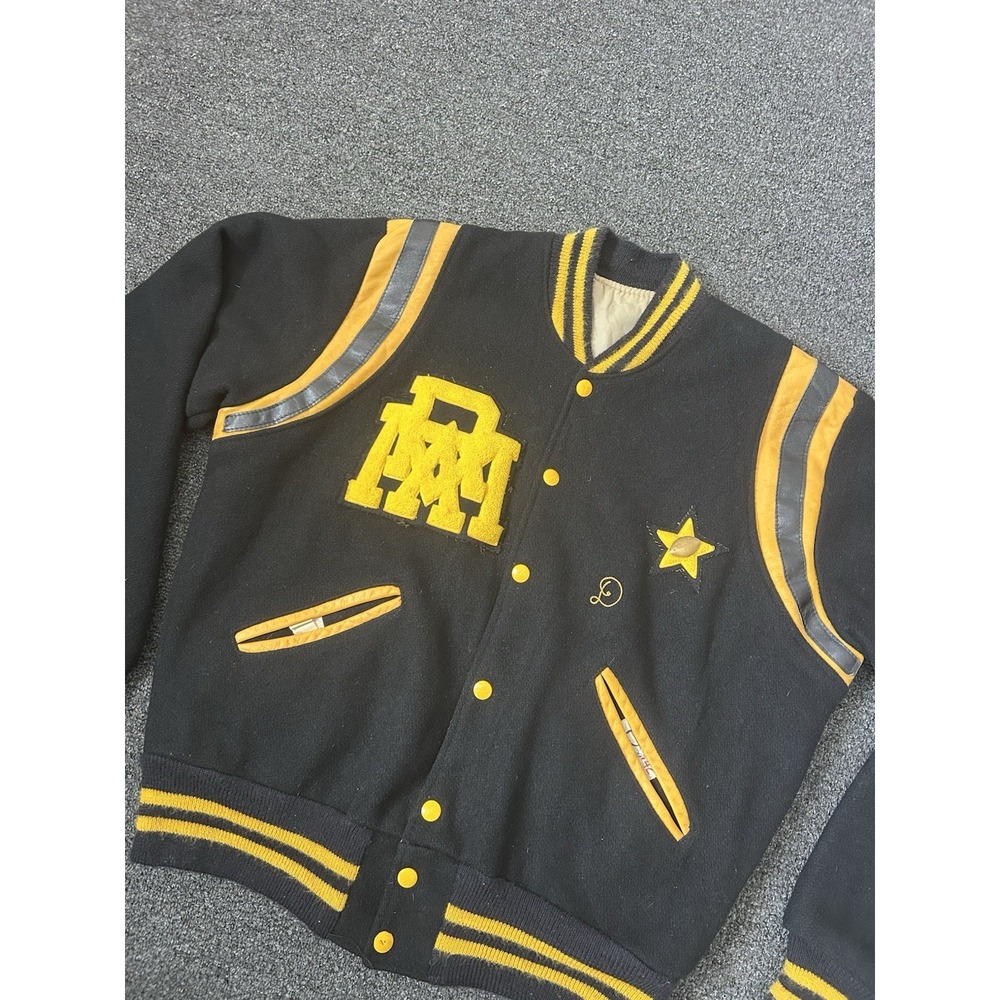 Vintage Speedline Wool Varsity Bomber Jacket Black/Yellow Mens Size 42 Ram Sport